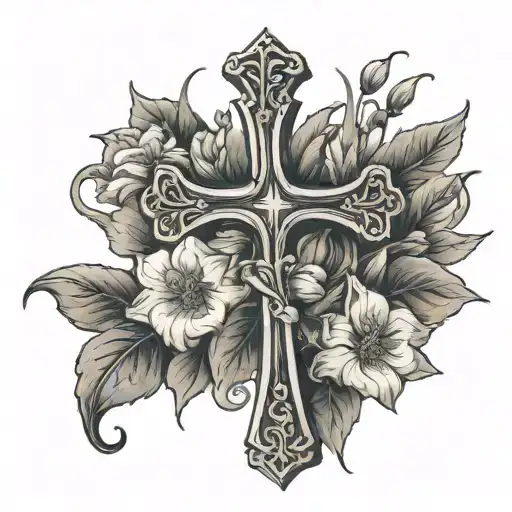 Memorial Cross With Flowers Growing