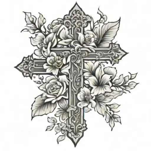 Memorial Tattoo Cross With Flowers Growing