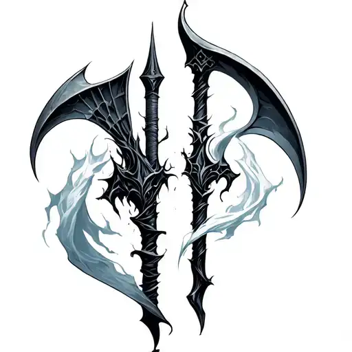 Two Black And Gray Scythes With A White Aura Coming Off Them