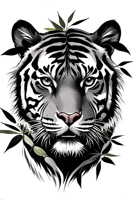 Tiger Face Surrounded With Bamboo Leaves