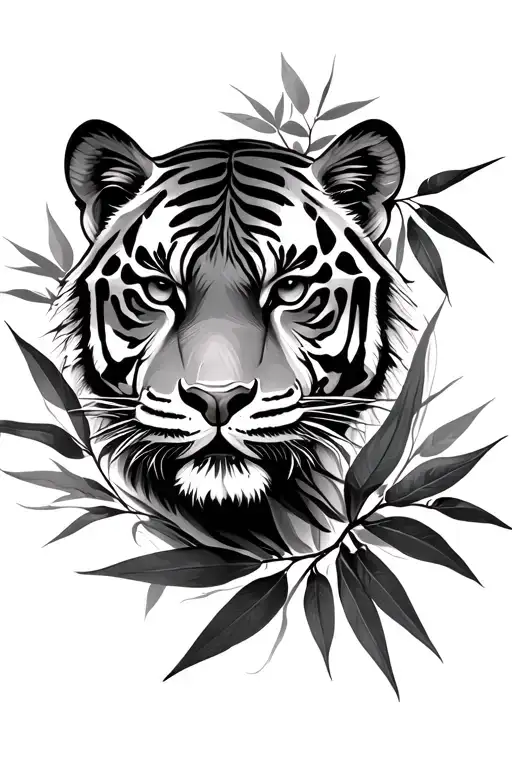 Half Tiger Face Surrounded With Bamboo Leaves