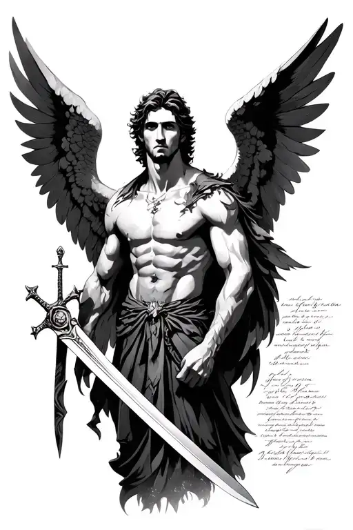 Male Angel With Sword And Secret Hidden Text To The Sides Of Him