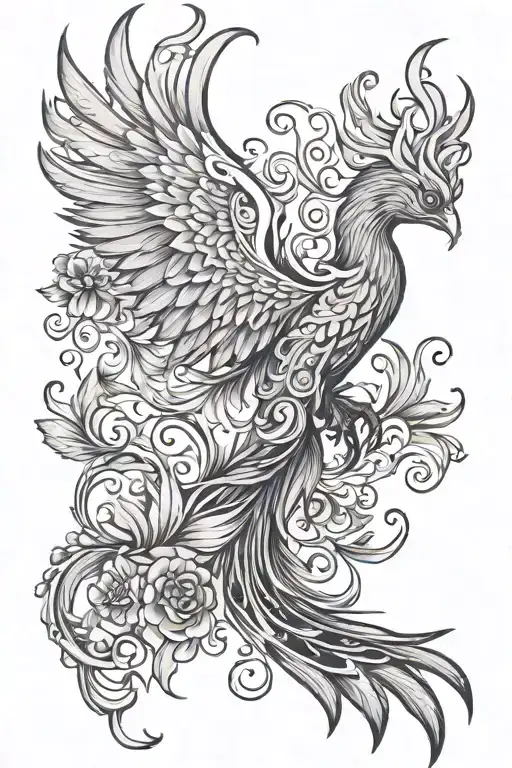 Feminine Phoenix With Flowers And Swirls Like Lively Flames
