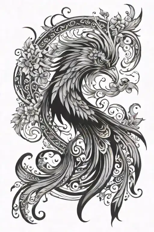 Feminine Phoenix With Flowers And Swirls Like Lively Flames
