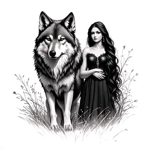 Wolf And Woman Standing