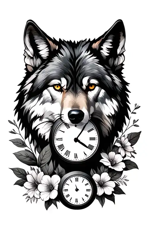 Wolf With Clock With Flowers