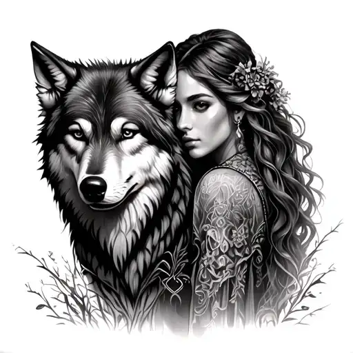 Wolf And Woman Staring At Gate