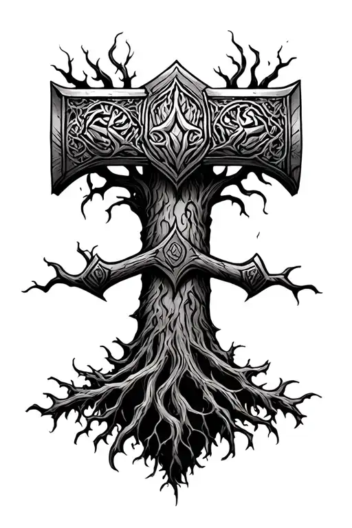 Yggdrasil Tree Thor Hammer As Trunk Drawn