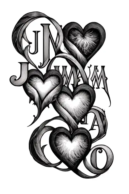6 Hearts Connected With Letters J M A W C A Blackwork