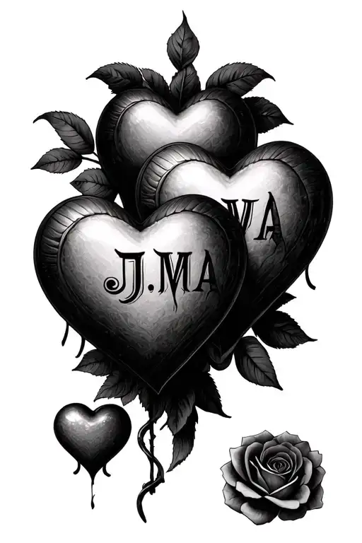 6 Hearts With Letters J M A W C A Blackwork