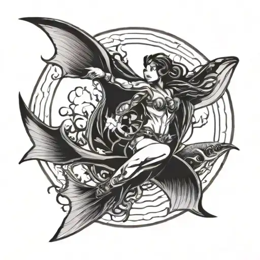 Ying Yang With Manta Ray And Woman Scuba Diver