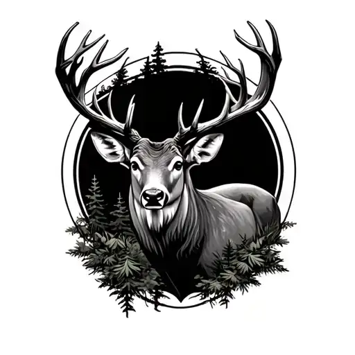 Buck Head Standing In Woods Surrounded