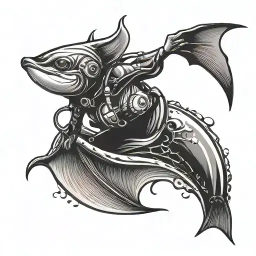 Ying Yang Manta Ray And Woman Scuba Diver