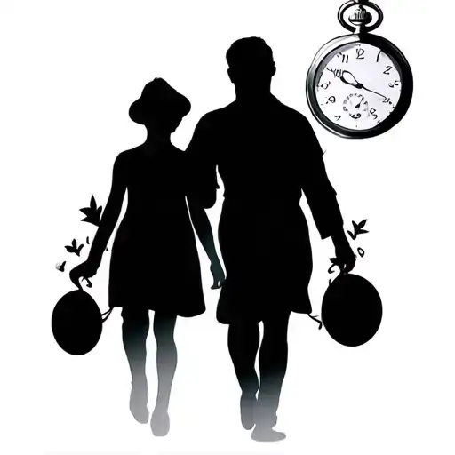 Silhouette Man And Woman With 2 Sons And 2 Pocket Watches