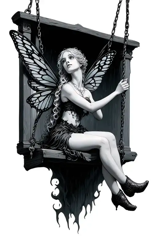 Gothic Fairy Silowet On A Swing From Hell Looking Into Heaven