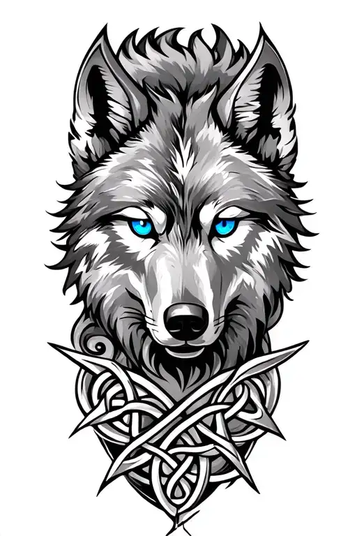 Wolf With Blue Eyes On Armor Tattoo Design Featuring Celtic Trinity Knot