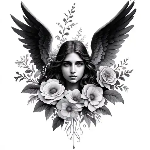 Seraphim Angel On Womans Face Surrounded By Flowers