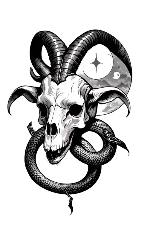 The Skull Of The Goat With The Horns And The Moon And The Snake On The Upper Thigh
