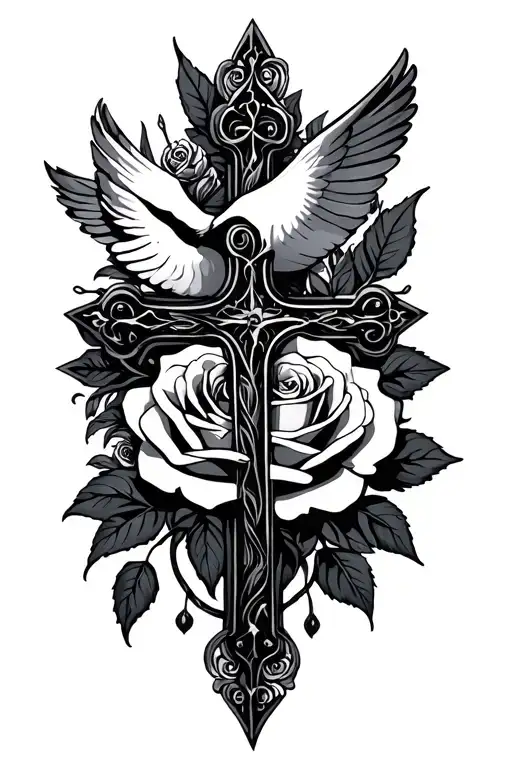 Gothic Cross And Rose With Dove
