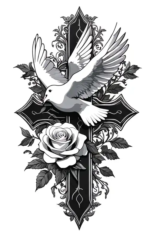 Gothic Cross And Rose With Dove Flying