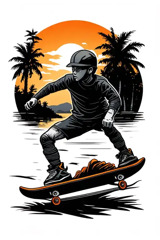 Siloett Stick Figure Skateboader Pushing In A Sunset Background