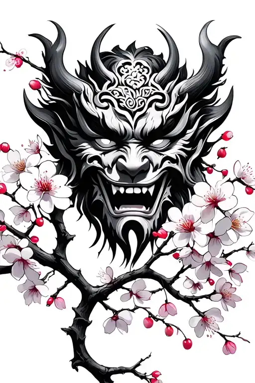 Oni Mask And Cherry Blossom Branches