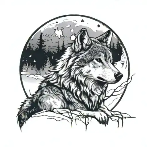 Sitting Wolf Looking At The Moon And References