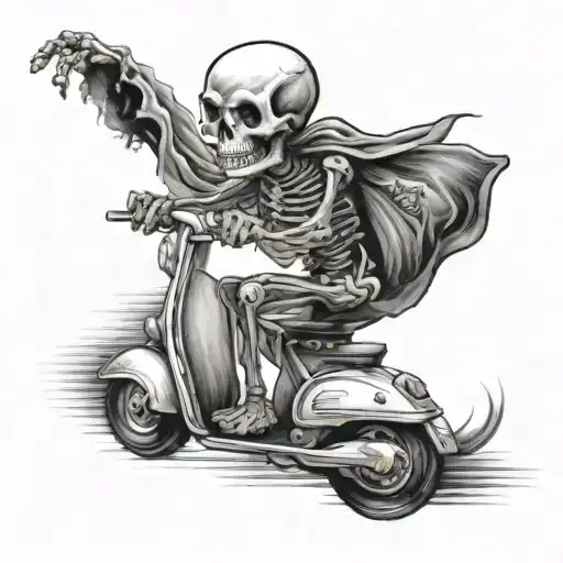 Skeleton Riding Scooter Down Windy Road