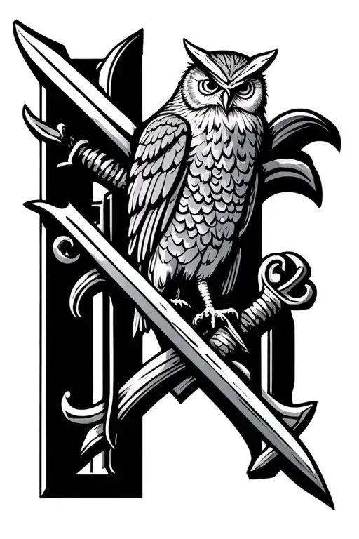 Family Crest The Letter H And Swords And Owl Perched