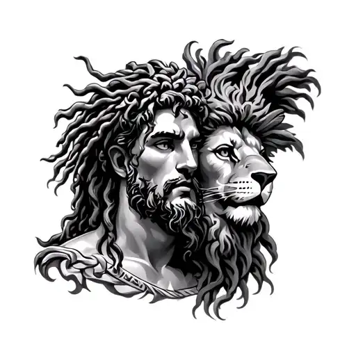 Tattoo Of A Greek God With Dreadlocks With A Lion