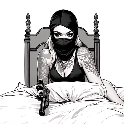 Pin Up Girl With Balaclava And Gun On The Bed