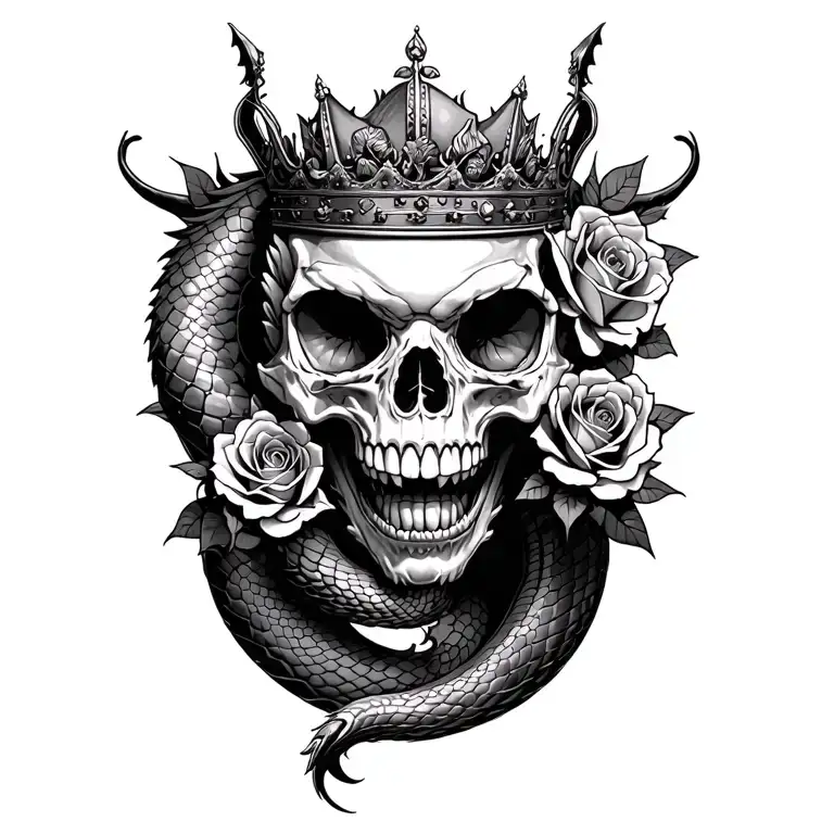 Snake Dragon Roses And Skull Wearing A Crown