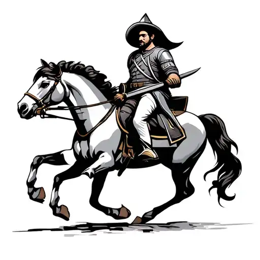 Spanish Soldier Holding A Sword While Riding A Horse