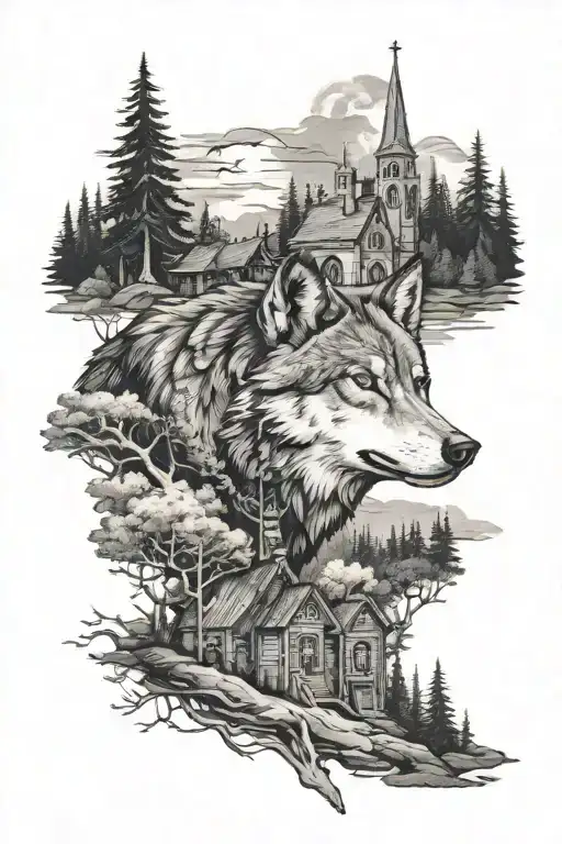 Wolf And Church Forest In Back