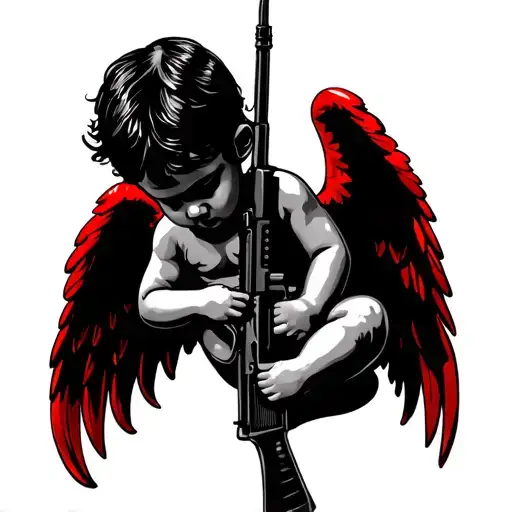 Baby Angel With Ak-47 And Red Wings
