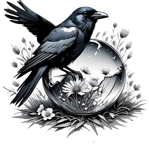 Crow Coming Out Of Broken Crystal Ball With Wildflowers In It