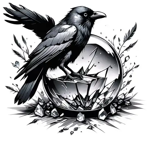 Crow Coming Out Of Broken Crystal Ball With Feathers And Crystals