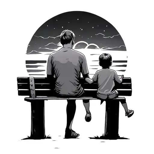 Sunset With Man And Back Child Sitting On A Bench