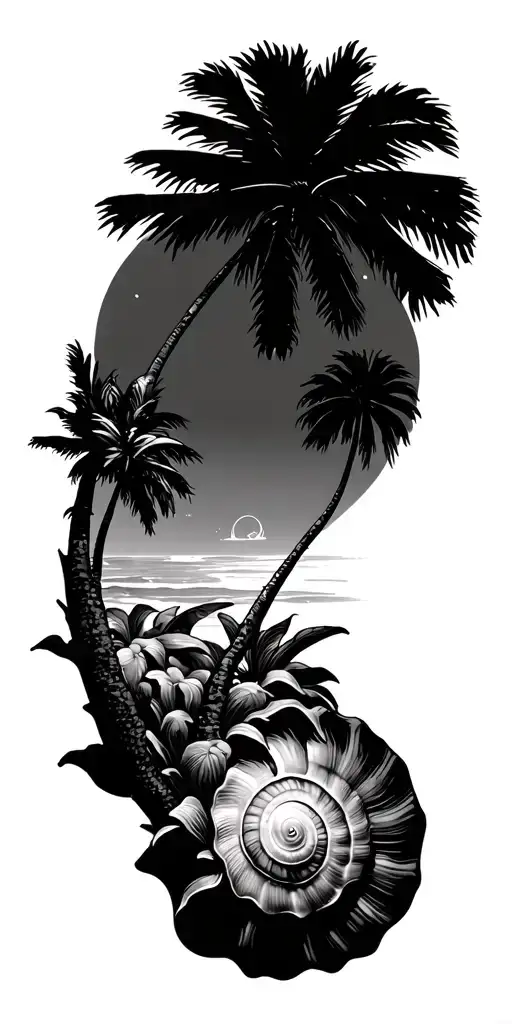 Sea Shell And Palm Trees Growing