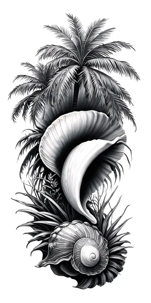 Sea Shell And Palm Trees Growing Inside