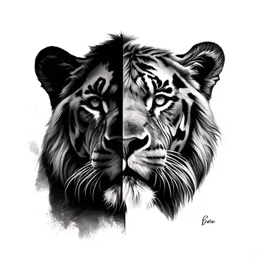 Half Face Realistic Lion And Half Face Realistic Tiger Tattoo Design In Black And Grey