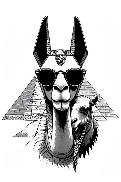 Anubis And Pyramids With Camel Wearing Sunglasses