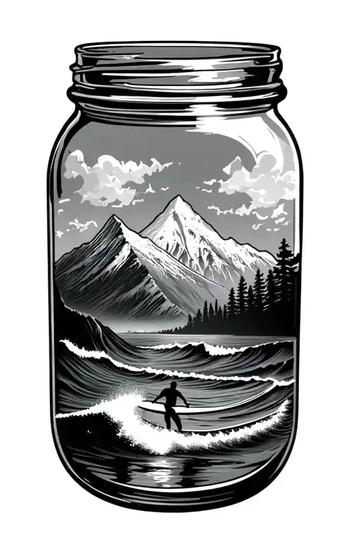 A Mason Jar That Contains A Mountain Rage And Below The Mountains Is An Ocean With A Surfer