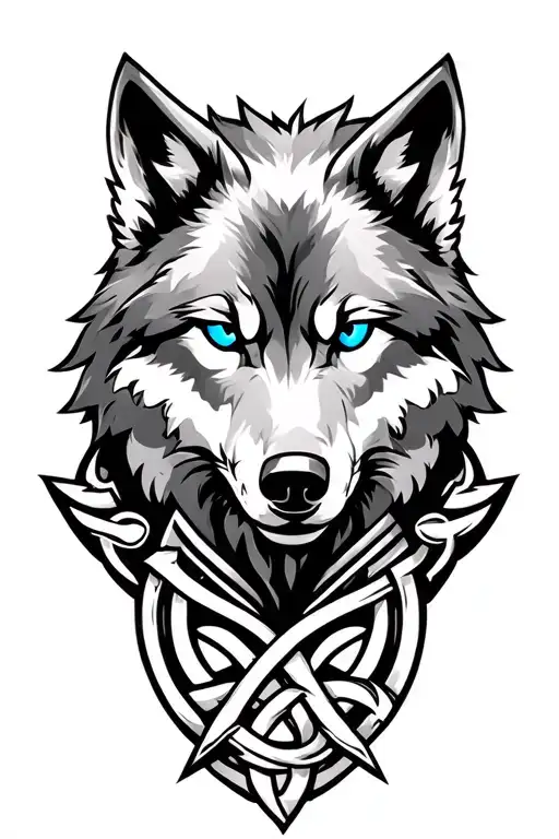 Wolf With Blue Eyes On Armor Tattoo Design Featuring Celtic Trinity Knot