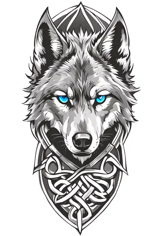 Wolf With Blue Eyes On Armor Tattoo Design Featuring Celtic Trinity Knot