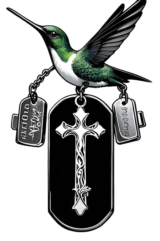Humming Bird Holding Dog Tags And A Cross Surrounded
