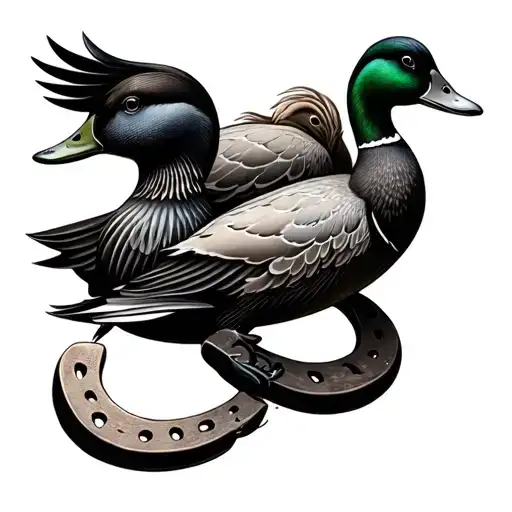 An Intricate Design Combining Horseshoes And Mallard Ducks