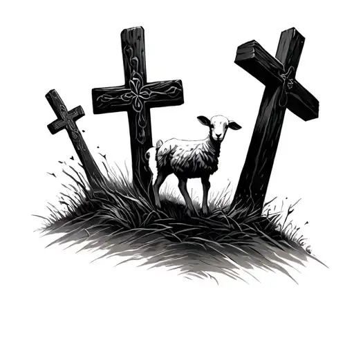 3 Crosses With A Lamb Walking Through A Valley Toward The Crosses