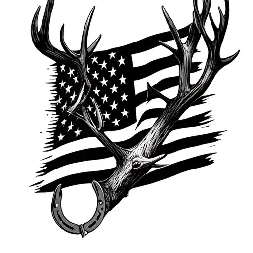 An American Flag Made Up Of Deer Antlers And Horseshoes