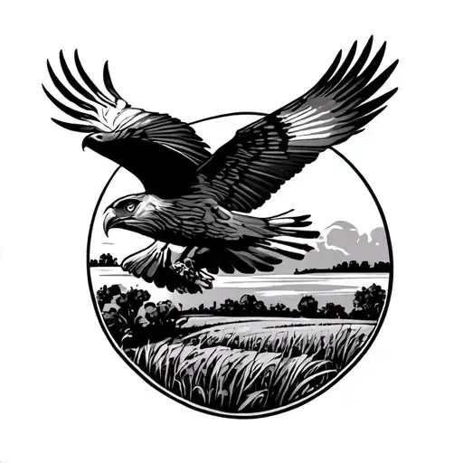 Old School Tattoo Of Red Tailed Hawk In Flight Overtop Farm Land Surrounded By Border